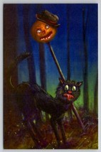 Matthew Kirscht Halloween Spooky Black Cat Forest JOL Hat on Stick Postcard MK - £55.45 GBP
