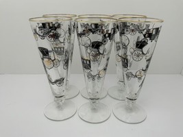 Vtg Barware Pilsner Glasses Gold Rim Transportation Horse Drawn Buggy Ca... - £24.38 GBP