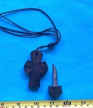 Cross pendant necklace Philippine handmade Mini knife in Kamagong scabbard - $13.67