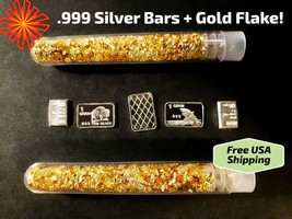 5 - SILVER .999 1g BULLION BARS + 2ea VIALS of GOLD FLAKE - BUY 2+!  FRE... - £19.34 GBP