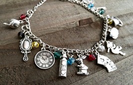 Alice in Wonderland Charm Bracelet Antiqued Silver Fairy Tale Jewelry 7 7/8&quot; - £28.66 GBP