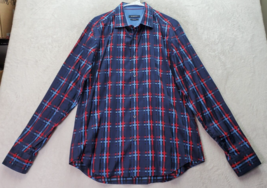 BUGATCHI Shirt Mens Large Red Blue Plaid Cotton Long Sleeve Collared Button Down - £14.57 GBP