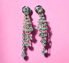 Vintage Clear Rhinestone Dangle Chandelier Earrings Silver Tone Glam Drop - $22.42