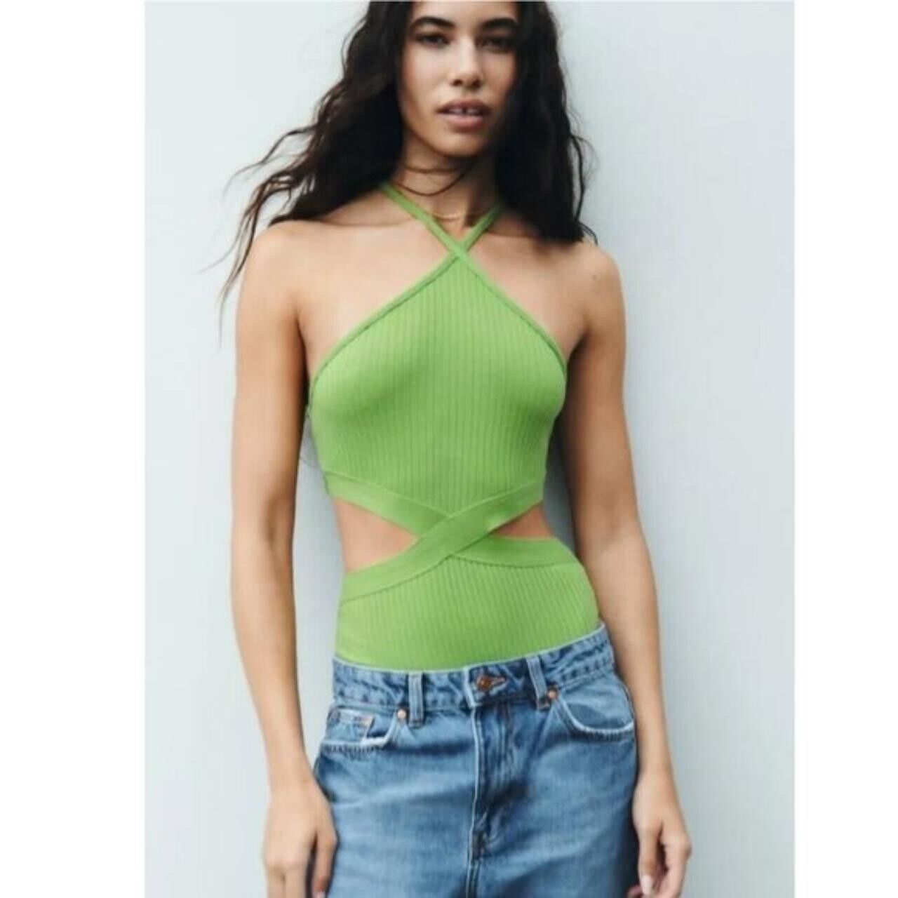 Zara Rib Cutout Y2K Halter Bodysuit Green ( S ) - $19.77