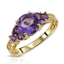 14K Solid Gold Ring With Natural Purple Amethysts Round Shape Multi Size - £887.11 GBP