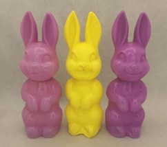 Vintage 3 Easter Bunny Rabbit Blow Mold Plastic Candy Holders Yellow Pur... - $24.99