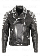New Men&#39;s Black White Tonal Metallic Studded Brando Biker Leather Jacket-896 - £238.93 GBP