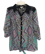 Halo Womens Shirt Size L Large Blue Geometric 3/4 Sleeve Front Knot Coll... - $19.50