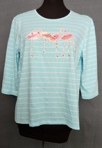 Coral Bay Womens Aqua Pink Flamingos 3/4 Sleeves Top Size PL Cotton Blend  - £12.67 GBP