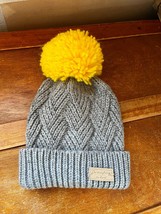 Gray Acrylic Knit w Bright Yellow Large Puff Ball Pom Pom Winter Cap Hat Beanie - £8.92 GBP