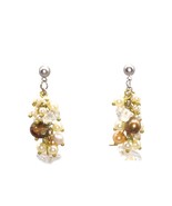 Tahitian Pearls and Rock Crystals Earrings, Elegant Neutral Cluster Dangle - $57.09