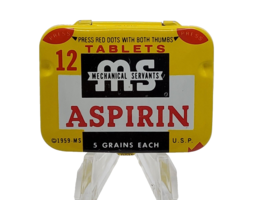 Vintage medicine tin: MS Mechanical Servants ASPIRIN 12 Tablets ~ FULL / NOS - £11.81 GBP