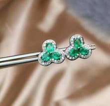 1.60Ct Oval Cut CZ Green Emerald Leaf Halo Stud Earrings 14K White Gold Plated - £83.90 GBP