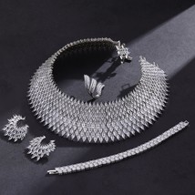 18k White Gold Filled Choker Necklace Earrings Set Lab-Created Diamond Jewelry - £267.22 GBP