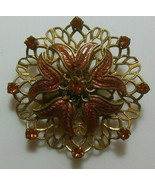 Vintage Gold-tone Amber Colored Rhinestone Enamel Filigree Floral Brooch - £19.53 GBP