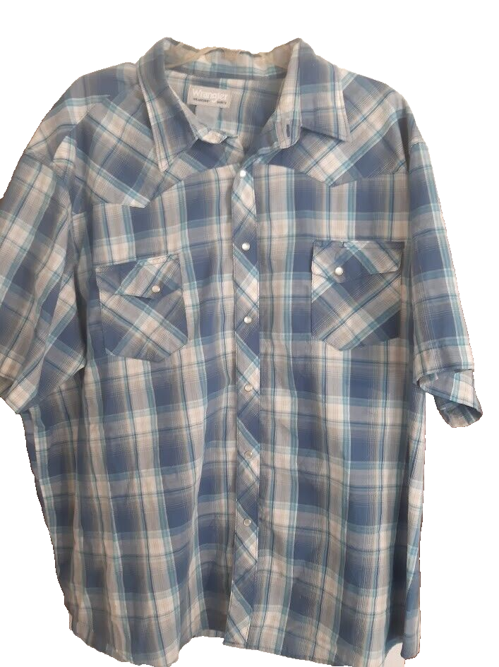 Wrangler Vintage Short Sleeve Blue and White Shirt Pearl Snap Button Down  2XL - $23.01