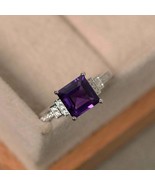 925 Sterling Silver Natural Certified 5 Ct Amethyst Cushion Ring  Size 7.5 - $57.49