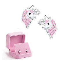 Girls Unicorn Zircon Stud Earrings Hypoallergenic 925 Silver Light  (Pink) - £22.13 GBP