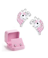 Girls Unicorn Zircon Stud Earrings Hypoallergenic 925 Silver Light  (Pink) - £22.01 GBP