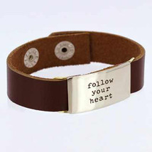 Leather Quote Bracelet FOLLOW YOUR HEART Brown Word Band Inspirational Jewelry - £18.37 GBP