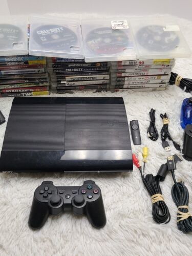 Sony Playstation 3 PS3 Super Slim 250GB Lot 4 Controllers And 33 Games Headset - $172.70