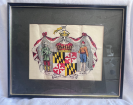 Great Seal of Maryland Lord Baltimore Crest Insignia On Silk Framed &amp; Matted - £79.89 GBP