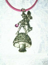 New Double Pewter Pixie On A Mushroom With Pink Gem Pendant 22&quot; Cord Necklace - £6.83 GBP