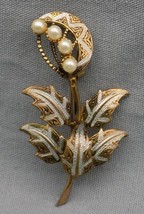 Vintage Toledoware Damascene Floral Pearl Brooch Flower Pin Spain - $17.41