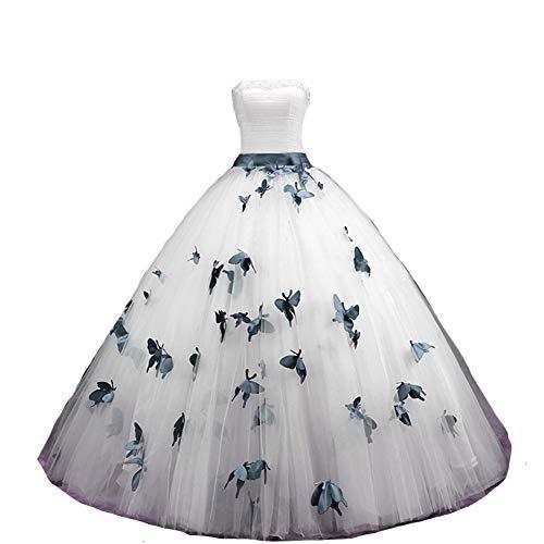 Ball Gown Butterfly Pearl Long Prom Formal Wedding Dress 4 White and Dark Navy