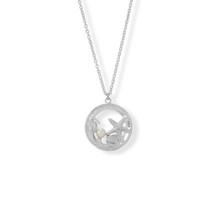 16&quot;+2&quot; Sea Creatures &amp; Pearl Circle Disk Pendant Necklace Girl Gift 14K White GP - £54.05 GBP