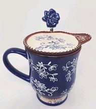 Temptations by Tara Floral Lace Blue 16 oz Coffee Tea Cup Mug Spoon Coaster Set - £27.40 GBP