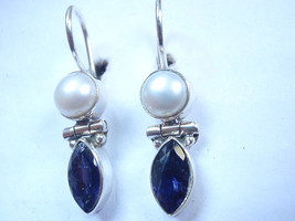 Faceted Iolite and Cultured Pearl 925 Sterling Silver Wire Back Earrings - £14.42 GBP