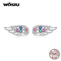 WOSTU New Trendy 925 Silver Mini Wing Stud Earrings Colorful Zircon Feather Smal - £17.46 GBP