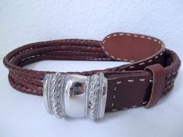Vtg 80s Braided Brown Leather 4 Strand Women&#39;s Belt Silver Buckle M The Limited - £22.92 GBP