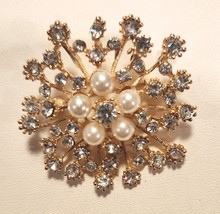 Floral Brooch Pin Faux Pearls Silver Crystal Rhinestones Gold Tone Setting - £14.80 GBP