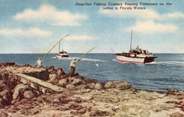 Deep-Sea Fishing Unposted Linen Postcard Jetties in Florida - £11.62 GBP