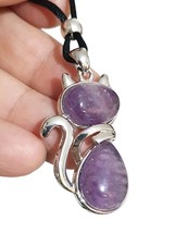 Amethyst Cat Necklace Pendant Large Crystal Gemstone Anxiety Love Stone Corded - £4.75 GBP