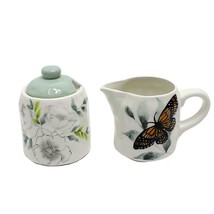 Butterfly Floral Cream and Sugar Pot with Lid Ceramic 4.25" High Multicolor