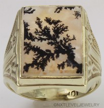 Antique 1920&#39;s Art Deco RARE Dendritic Agate Milgrained 10k Solid Gold Mens Ring - £582.72 GBP