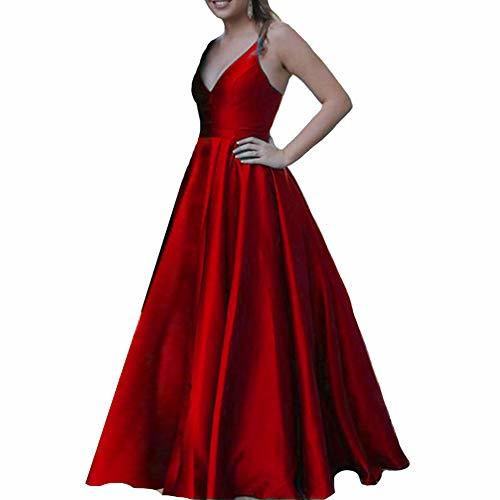 Women V Neck Spaghetti Straps Formal Long Maxi Evening Prom Dress Wine Red US 12