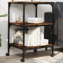 Industrial Rustic Smoked Oak Wooden 3-Tier Printer Storage Stand With Wheels - £83.62 GBP