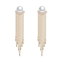 MAIKALE Trendy Tassel Chain Long Earrings with Pearls Gold Cubic Zirconia Hangin - £8.49 GBP