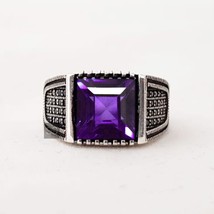 Amethyst Purple Men Ring, Mens Silver Handmade Ring, Square Cut Amethyst Ring - £59.49 GBP
