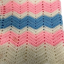 Handmade Baby Blanket Crochet Pink White Blue 34&quot; x 30&quot; - £14.77 GBP
