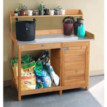 Natural Fir Wood Potting Bench with Galvanized Steel Table Top - £289.58 GBP