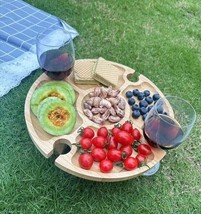 Bamboo Round Serving Tray - Portable Wineglass Stand Charcuterie Board Sack - £14.98 GBP