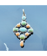 VINTAGE 925 STERLING SILVER NATURAL TURQUOISE AND CORAL ARTISAN CROSS PE... - $88.11