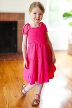 Kids Darling Pink Crepe Tiered Smocked Shoulder Tie Dress - $16.99