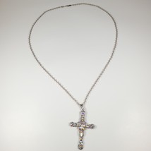 AVON Silvertone Aurora Borealis Rhinestone Cross Pendant And Necklace Vi... - $14.01