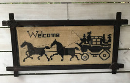 Vtg Welcome Needlepoint Sampler 15&quot; x 28&quot; Horse Buggy Carriage Adironbac... - £114.91 GBP